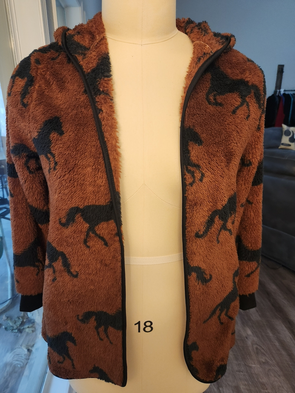 Brown Horse-Print Faux-Sherpa Teddy Jacket with Hood